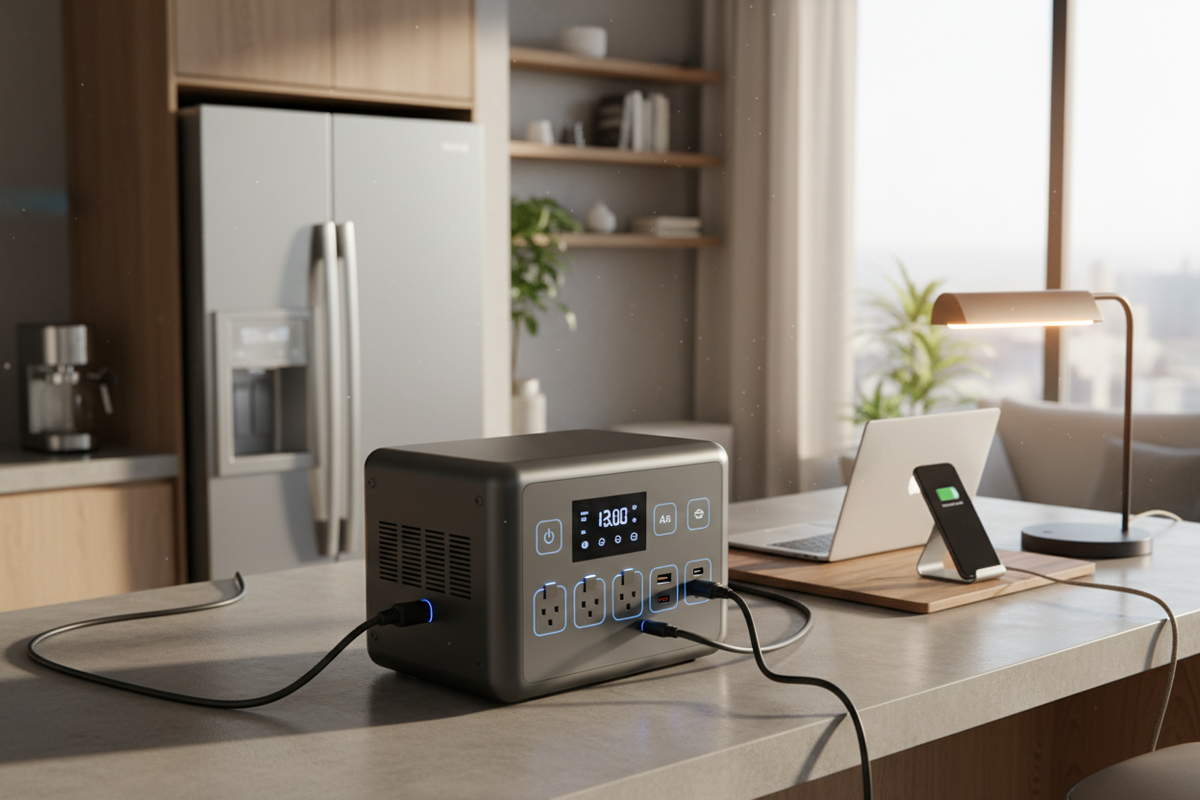 Portable power station running home essentials (kitchen / living room)
