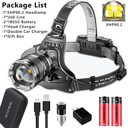 1000000LM LED Headlamp Sensor XHP90.2 Headlight with Built-in Battery Flashlight USB Rechargeable Head Lamp Torch Light Lantern