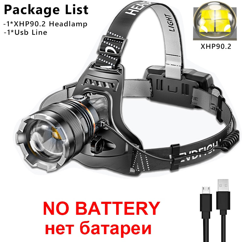 1000000LM LED Headlamp Sensor XHP90.2 Headlight with Built-in Battery Flashlight USB Rechargeable Head Lamp Torch Light Lantern