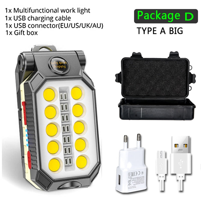 USB Rechargeable Portable LED Flashlight COB Work Light Adjustable Waterproof Camping Lantern Magnet Design ,Built-in Battery