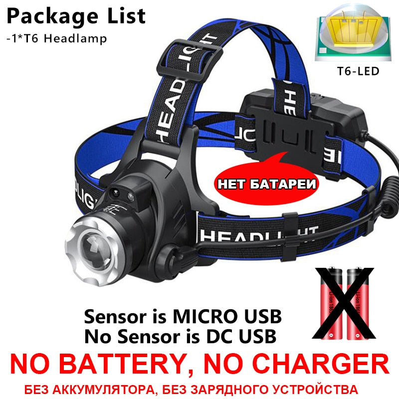 1000000LM LED Headlamp Sensor XHP90.2 Headlight with Built-in Battery Flashlight USB Rechargeable Head Lamp Torch Light Lantern