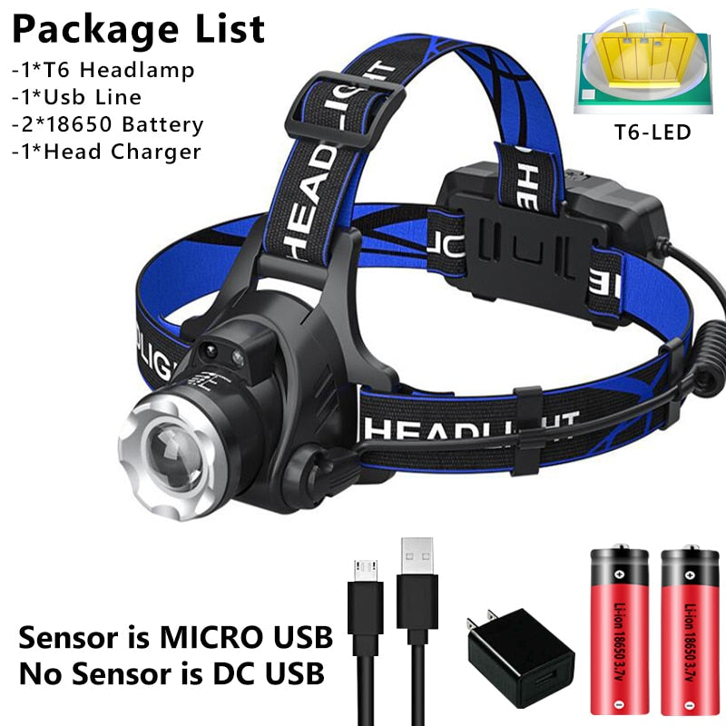 1000000LM LED Headlamp Sensor XHP90.2 Headlight with Built-in Battery Flashlight USB Rechargeable Head Lamp Torch Light Lantern