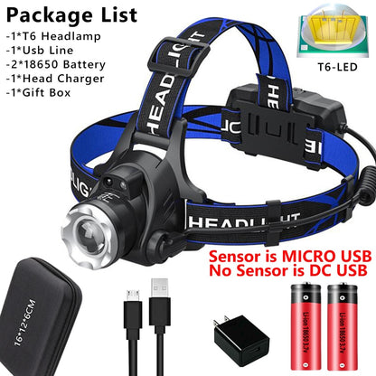 1000000LM LED Headlamp Sensor XHP90.2 Headlight with Built-in Battery Flashlight USB Rechargeable Head Lamp Torch Light Lantern